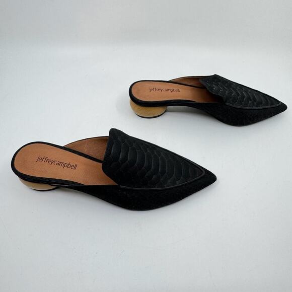 JEFFREY CAMPBELL Vionit Pointed Toe Leather Snakeskin Wood Heel Mule Loafers - Picture 2 of 9